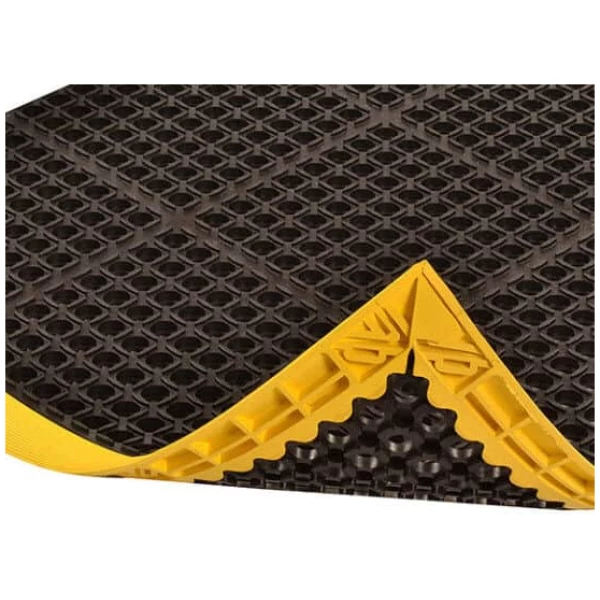 Safety Stance 2 Floormat.com Safety Stance® is made from a grease resistant rubber compound to withstand many of the more commonly found industrial cutting oils and chemicals. Particularly well suited for wet or dry work areas, Safety Stance® features a large hole drainage system with a mini-diamond studded top surface to minimize slippage. Beveled edges are made from a 100% Nitrile rubber compound offering the same resistance to oils/chemicals as the mat. <ul> <li>100% Nitrile rubber compound withstands many common industrial cutting fluids, oils and chemicals</li> <li>Large hole configuration facilitates drainage and resists clogging</li> <li>Raised studs on top surface add traction</li> <li>Colored beveled borders are permanently affixed to the mat and are available on 3 or 4 sides</li> </ul>