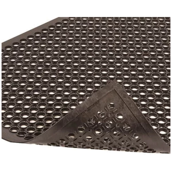 SaniTop 2 Floormat.com Sanitop® is made from a durable rubber compound designed to withstand harsh chemicals while creating a slip resistant surface. An alternating large and small hole drainage system channels liquid and debris away from the work area further enhancing the traction of the mat. Molded in beveled edges on all four sides eliminates trip hazards. Sanitop® offers a simple, economical solution for wet environments in many industrial or food service applications. <ul> <li>Durable rubber compound</li> <li>Molded alternating large/small hole drainage system keeps moisture and debris away from work area</li> <li>Raised pattern surrounds large holes to channel drainage and provide worker traction</li> <li>Molded beveled ramps on all 4 sides to minimize trip hazards</li> <li>Available in 2 versions:</li> <li>Black grease resistant mat - carries a 1-year warranty</li> <li>Red grease-proof mat with extra nitrile content - carries a 3-year warranty</li> </ul>