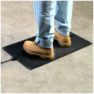 foot warmer Floormat.com Safe and economical – using one tenth the energy of dangerous space heaters. <ul> <li>The Super Foot Warmer is waterproof and designed to be used indoor and outdoor</li> <li>Uses only 135 watts; 90% less than a standard 1,500 watt space heater</li> <li>TUV Certified to UL 499:2005 R3.06 (U. S. only, not Canada): meeting strict safety standards</li> <li>Warms cold feet directly through shoes or boots</li> <li>Perfect for under desks & standing work stations</li> <li>May be used to melt snow from boots, leaving them warm & dry</li> <li>Can be used in on hard surfaces where water is often sprayed on the floor</li> <li>Super Foot Warmer Floor Mat generates a radiant heat which creates an extremely comfortable even heat which can reduce fatigue, increase productivity and stimulate circulation while sitting or standing</li> <li>Increased economy and safety!</li> <li>Even should the Super Foot Warmer Floor Mat be left on, it assures safety and lower energy costs than space heaters.</li> <li>Ideal for people who spend long hours on their feet or in cold environments, including bank tellers, toll booth operators, warehouse workers, machinists and any other users of space heaters</li> <li>Designed for use on hard floors only (do not use on carpet)</li> <li>Dimensions: 36.25″ L X 16″ W X .25″ Thick</li> <li>Weight: 11 lbs</li> <li>1.2 amps</li> </ul> There is a two year warranty/replacement policy. The U.S. Consumer Product Safety Commission estimates that more than 25,000 residential fires every year are associated with the use of room (space) heaters. More than 300 persons die in these fires. An estimated 6,000 persons receive hospital emergency room care for burn injuries associated with contacting hot surfaces of room heaters, mostly in non-fire situations. What You Can Expect From The Super Foot Warmer Floor Mat When the room temperature is 68 degrees the floor temperature is generally about 60 degrees except on an outside wall. The floor temperature on an outside wall could be as low as 53 degrees and could be colder on a slab floor . This is why one experiences cold feet and legs. The surface temperature will vary depending upon the floor temperature. <ul> <li>If the floor temperature is 64 degrees, the surface temperature of the Super Foot Warmer Floor Mat will be 110-112 degrees.</li> <li>If the floor temperature is 53 degrees, the surface of the Super Foot Warmer Floor Mat will be 105-108 degrees.</li> </ul> <a href="https://www.floormat.com/foot-warmer-mats-faqs/">Foot Warmer Mats FAQs</a>
