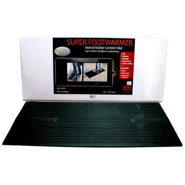 super foot warmer 3 Floormat.com Safe and economical – using one tenth the energy of dangerous space heaters. <ul> <li>The Super Foot Warmer is waterproof and designed to be used indoor and outdoor</li> <li>Uses only 135 watts; 90% less than a standard 1,500 watt space heater</li> <li>TUV Certified to UL 499:2005 R3.06 (U. S. only, not Canada): meeting strict safety standards</li> <li>Warms cold feet directly through shoes or boots</li> <li>Perfect for under desks & standing work stations</li> <li>May be used to melt snow from boots, leaving them warm & dry</li> <li>Can be used in on hard surfaces where water is often sprayed on the floor</li> <li>Super Foot Warmer Floor Mat generates a radiant heat which creates an extremely comfortable even heat which can reduce fatigue, increase productivity and stimulate circulation while sitting or standing</li> <li>Increased economy and safety!</li> <li>Even should the Super Foot Warmer Floor Mat be left on, it assures safety and lower energy costs than space heaters.</li> <li>Ideal for people who spend long hours on their feet or in cold environments, including bank tellers, toll booth operators, warehouse workers, machinists and any other users of space heaters</li> <li>Designed for use on hard floors only (do not use on carpet)</li> <li>Dimensions: 36.25″ L X 16″ W X .25″ Thick</li> <li>Weight: 11 lbs</li> <li>1.2 amps</li> </ul> There is a two year warranty/replacement policy. The U.S. Consumer Product Safety Commission estimates that more than 25,000 residential fires every year are associated with the use of room (space) heaters. More than 300 persons die in these fires. An estimated 6,000 persons receive hospital emergency room care for burn injuries associated with contacting hot surfaces of room heaters, mostly in non-fire situations. What You Can Expect From The Super Foot Warmer Floor Mat When the room temperature is 68 degrees the floor temperature is generally about 60 degrees except on an outside wall. The floor temperature on an outside wall could be as low as 53 degrees and could be colder on a slab floor . This is why one experiences cold feet and legs. The surface temperature will vary depending upon the floor temperature. <ul> <li>If the floor temperature is 64 degrees, the surface temperature of the Super Foot Warmer Floor Mat will be 110-112 degrees.</li> <li>If the floor temperature is 53 degrees, the surface of the Super Foot Warmer Floor Mat will be 105-108 degrees.</li> </ul> <a href="https://www.floormat.com/foot-warmer-mats-faqs/">Foot Warmer Mats FAQs</a>