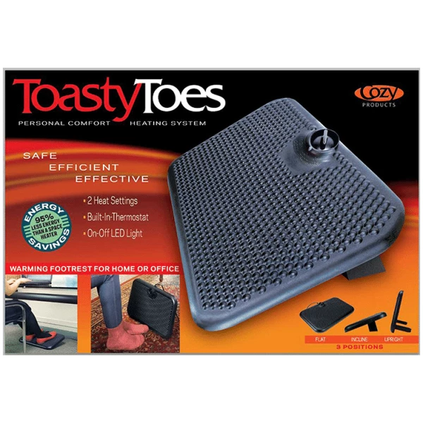 toasy toes 02 Floormat.com Toasty Toes has been redesigned to be smaller and lighter without sacrificing heat production. The Toasty Toes combines an ergonomically design space heater with an ergonomically designed foot rest to provide hours of comfort and warmth. <ul> <li>Energy Efficient; uses only 105 watts of electricity. 93% less than an average space heater</li> <li>Improves circulation and blood flow</li> <li>Safe to the touch, will not burn your skin</li> <li>ELT Listed</li> <li>3 adjustable positions</li> <li>2 pronged plug-in</li> </ul>
