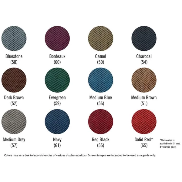 waterhog classic diamond colors Floormat.com Like Waterhog Classic Diamond, Waterhog Fashion Diamond mats offer the same performance features but with the added beauty of a fabric border for an attractive look that is easy to maintain. This tough as nails mat is the perfect choice for more decorative indoor areas where you want to put your best foot forward. <img class="size-full wp-image-14972 aligncenter" src="https://www.floormat.com/wp-content/uploads/fashion-diamond-cross-section.gif" alt="" width="300" height="114" /> <ul> <li>Unique ridged construction effectively traps dirt and moisture beneath shoe level.</li> <li>Exclusive rubber-reinforced face nubs prevent pile from crushing in high traffic areas, maintaining high performance and extending product life.</li> <li>Premium 24 ounce anti-static, 100% polypropylene fiber system dries quickly and won't fade or rot. When wet, the rubber-reinforced surface allows water to be wicked to the bottom of the mat, away from foot traffic and providing a slip resistant surface.</li> <li>Green friendly rubber backing has 10% - 15% recycled rubber content and is available in smooth or cleated backing types.</li> <li>Exclusive "water dam" border keeps dirt and water in the mat and off the floor, minimizing slip hazards and floor damage.</li> <li>Highly durable attractive fashion border makes it the perfect choice for indoor or outdoor applications.</li> <li>Anti-static fiber system has a maximum average voltage of 1.6K as measured by the AATCC. Mats are safe for computer rooms and around electronic equipment.</li> <li>All Waterhog Mats are certified slip resistant by the National Floor Safety Institute.</li> <li>6'x8' is not available in aquamarine, gold, light green, orange, purple, solid red, white, yellow</li> </ul> <p class="pthdr"><b>Waterhog Fashion Diamond Product No. 221</b></p> Please note that mat sizes may vary by an inch or two depending on the size. If you need a precise dimension before ordering, please contact us. <img class="alignleft wp-image-14973 size-full" src="https://www.floormat.com/wp-content/uploads/waterhog-color-full.jpg" width="1380" height="232" />