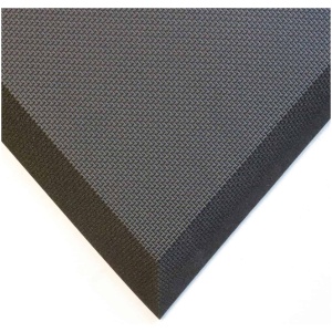 A black foam mat on a white surface.