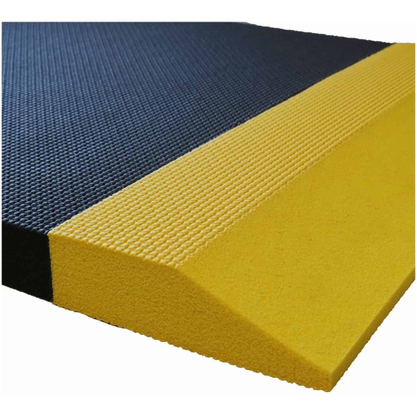 A yellow and black rubber mat on top of a white surface.