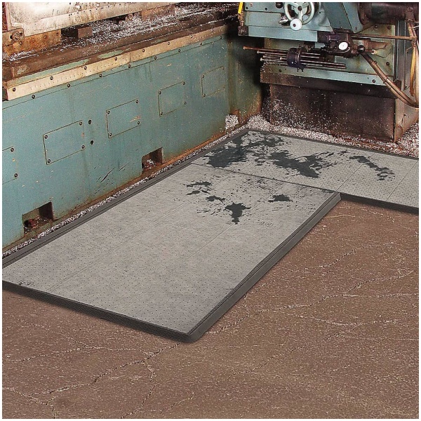 3188500 bk1000 Floormat.com Sorb Stance™ is the first modular anti-fatigue mat designed specifically for combined use with a sorbent pad in environments where pooling liquids can create a safety hazard. Made from a 100% Nitrile rubber compound, Sorb Stance™ is extremely resistant to chemicals, cutting fluids, oils and greases commonly found where sorbent pads are used. This unique mat offers anti-fatigue relief utilizing a raised footing system design on the underside of the mat that provides cushioning comfort and aeration. <ul> <li>100% Nitrile rubber compound for extreme resistance to chemicals, cutting fluids, oils, and greases</li> <li>Available in both stock sizes and on-site custom configurations</li> <li>A raised footing design on the underside of the mat provides cushioning comfort and aeration</li> <li>Molded beveled borders allow for easy access on to and off of the mat</li> <li>A recessed top surface acts as a tray that holds the sorbent pad and traps liquids</li> <li>The tray top surface has a series of molded pins that grip and hold the sorbent pad in place</li> <li>Designed to comfortably accommodate a standard 30” wide sorbent pad. (Inside tray width – 32”)</li> </ul>