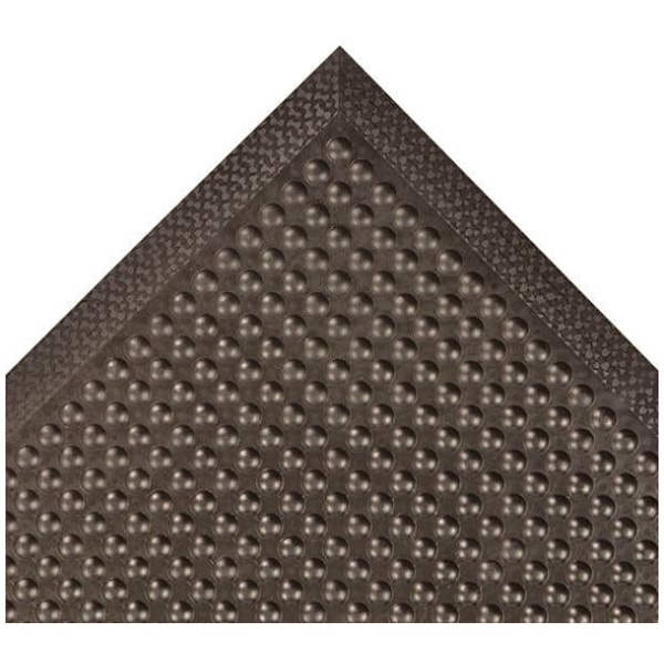 447 C BL Floormat.com Comfort-Eze™ is constructed with a unique solid rubber design that stimulates worker comfort and promotes product longevity. Offset bubbles on both the top and bottom of the mat provides flex and creates airflow resulting in maximum comfort for workers required to be on their feet for long periods of time. Competitive products feature only a flat or hollowed bottom which reduces the comfort of the mat. Although intended for use in dry environments, the top surface design is easy to wipe clean and the durable rubber compound is highly resistant to many cleaners and disinfectants so occasional spills can be cleaned up quickly and easily. Molded beveled edges on all four sides eliminates trip hazards by allowing for easy access onto and off the mat. <ul> <li>Long-lasting rubber compound</li> <li>Bubbles are molded on and offset on the top and bottom of the mat to maximize flex and create air flow, all to enhance the ergonomic benefit</li> <li>Durable rubber top surface easy to wipe clean using most cleaners and disinfectants</li> <li>All 4 sides feature a molded beveled border</li> </ul>