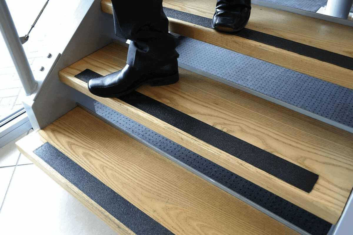 A person is standing on a wooden stair tread.