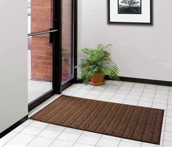 A floor mat in an office with a plant on it, offering tips for choosing the right mat.
