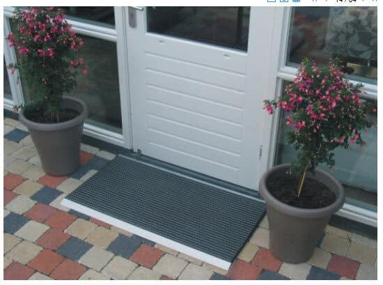 A door mat with two potted plants in front of it.