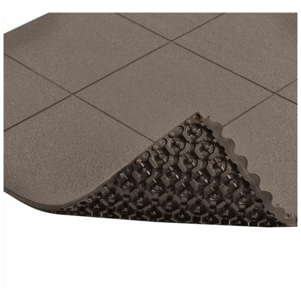 Cushion Ease ESD Conductive Solid 1 Floormat.com Cushion-Ease® ESD Conductive Solid static control floor mats are part of the Solutions™ family of products. This specially formulated rubber floor mat is designed to drain static electricity from the worker safeguarding sensitive machinery and delicate circuitry. All Cushion-Ease® mats have a male/female interlocking system and are compatible with M.D. Ramps for easy on-site custom configurations and trip-resistant platforms. Cushion-Ease® ESD mats can be combined with other Cushion-Ease® family products. <ul> <li>Base compound - 100% Nitrile rubber specially formulated to drain static electricity</li> <li>A unique multi-nib support design offers exceptional fatigue relief and aeration</li> <li>Solid top design with an anti-slip surface texture</li> <li>Easy to snap together modular matting system for on-site custom configurations</li> <li>Optional nitrile rubber ramps available for trip-resistant platform (551 M.D. Ramp System®)</li> <li>(ESD) Conductive - measured resistance Rg 104 - 106 O/Rp 104 - 106 O</li> <li>An optional grounding cord is available</li> </ul>