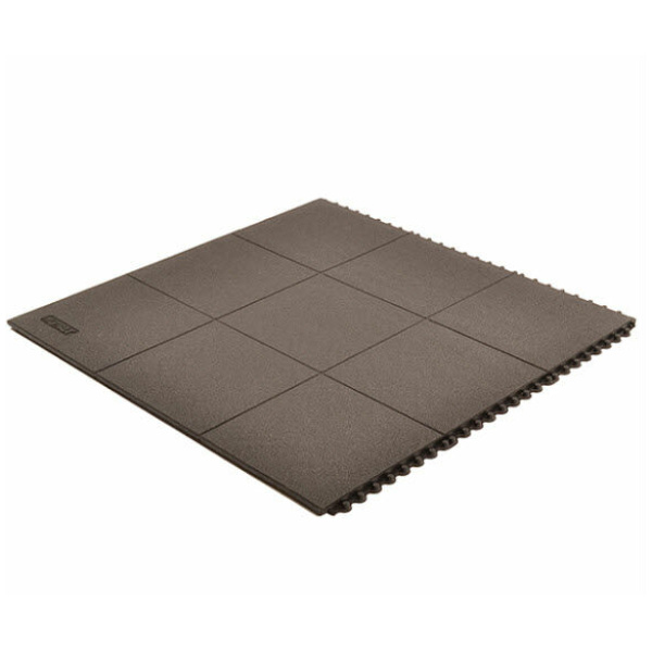Cushion Ease ESD Conductive Solid 2 Floormat.com Cushion-Ease® ESD Conductive Solid static control floor mats are part of the Solutions™ family of products. This specially formulated rubber floor mat is designed to drain static electricity from the worker safeguarding sensitive machinery and delicate circuitry. All Cushion-Ease® mats have a male/female interlocking system and are compatible with M.D. Ramps for easy on-site custom configurations and trip-resistant platforms. Cushion-Ease® ESD mats can be combined with other Cushion-Ease® family products. <ul> <li>Base compound - 100% Nitrile rubber specially formulated to drain static electricity</li> <li>A unique multi-nib support design offers exceptional fatigue relief and aeration</li> <li>Solid top design with an anti-slip surface texture</li> <li>Easy to snap together modular matting system for on-site custom configurations</li> <li>Optional nitrile rubber ramps available for trip-resistant platform (551 M.D. Ramp System®)</li> <li>(ESD) Conductive - measured resistance Rg 104 - 106 O/Rp 104 - 106 O</li> <li>An optional grounding cord is available</li> </ul>