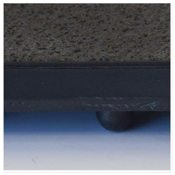 A close up of the bottom of a black granite countertop.