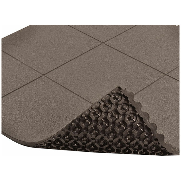 Cushion Ease ESD Dissipative Solid 2 Floormat.com Cushion-Ease® ESD Dissipative Solid static control floor mats are part of the Solutions™ family of products. This specially formulated rubber floor mat is designed to drain static electricity from the worker safeguarding sensitive machinery and delicate circuitry. The solid-top version has a textured surface for added traction and is easy to sweep clean. All Cushion-Ease® mats have a male/female interlocking system and are compatible with M.D. Ramps for easy on-site custom configurations and trip-resistant platforms. Cushion-Ease® ESD mats can be combined with other Cushion-Ease® family products. <ul> <li>Base compound - 100% Nitrile rubber specially formulated to drain static electricity</li> <li>A unique multi-nib support design offers exceptional fatigue relief and aeration</li> <li>Solid top design with an anti-slip surface texture</li> <li>Easy to snap together modular matting system for on-site custom configurations</li> <li>Optional nitrile rubber ramps available for trip-resistant platform (551 M.D. Ramp System®)</li> <li>(ESD) Dissipative - measured resistance Rg 106 - 109 O/Rp 106 - 109 O</li> </ul>