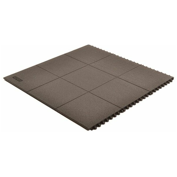 Cushion Ease ESD Dissipative Solid 3 Floormat.com Cushion-Ease® ESD Dissipative Solid static control floor mats are part of the Solutions™ family of products. This specially formulated rubber floor mat is designed to drain static electricity from the worker safeguarding sensitive machinery and delicate circuitry. The solid-top version has a textured surface for added traction and is easy to sweep clean. All Cushion-Ease® mats have a male/female interlocking system and are compatible with M.D. Ramps for easy on-site custom configurations and trip-resistant platforms. Cushion-Ease® ESD mats can be combined with other Cushion-Ease® family products. <ul> <li>Base compound - 100% Nitrile rubber specially formulated to drain static electricity</li> <li>A unique multi-nib support design offers exceptional fatigue relief and aeration</li> <li>Solid top design with an anti-slip surface texture</li> <li>Easy to snap together modular matting system for on-site custom configurations</li> <li>Optional nitrile rubber ramps available for trip-resistant platform (551 M.D. Ramp System®)</li> <li>(ESD) Dissipative - measured resistance Rg 106 - 109 O/Rp 106 - 109 O</li> </ul>
