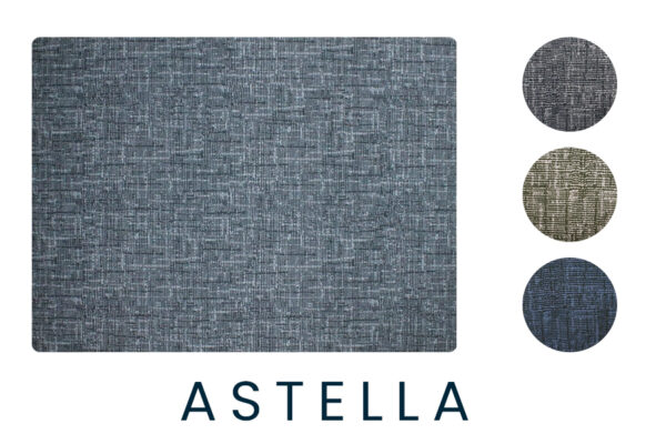 Textured Desk Chair Mat samples with "astella" branding, showcasing three color variations.