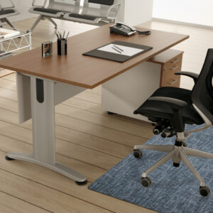 Modern office workspace featuring a wooden desk with a black office chair, an organized stationery, and a sleek Desk Chair Mat.