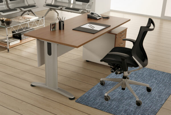 Modern office workspace featuring a wooden desk with a black office chair, an organized stationery, and a sleek Desk Chair Mat.