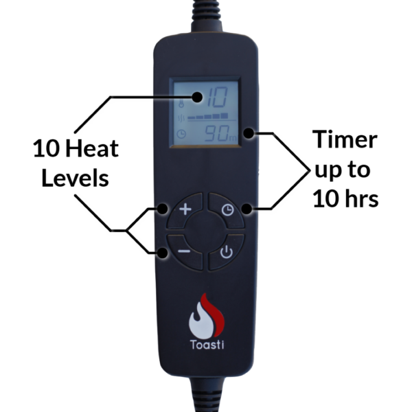 Digital temperature controller with LCD screen and user interface buttons for ToastiMat Heated Yoga Floor Mat.