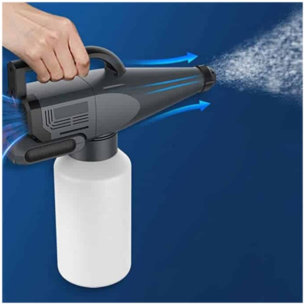 Fogger being Used Floormat.com <ul> <li>The fogger gun bottle detaches fast and sprays a mist with a state of the art 100W motor and negative ion generator that is shielded inside.</li> <li>This sprayer distributes product at a rate of 250 cubic meters per minute. Which is the equivelent of 2 standard size rooms.</li> <li>The tank holds up to 55oz of product.</li> </ul>