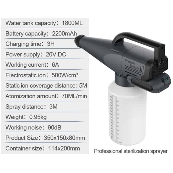 Fogger with Specs Floormat.com <ul> <li>The fogger gun bottle detaches fast and sprays a mist with a state of the art 100W motor and negative ion generator that is shielded inside.</li> <li>This sprayer distributes product at a rate of 250 cubic meters per minute. Which is the equivelent of 2 standard size rooms.</li> <li>The tank holds up to 55oz of product.</li> </ul>