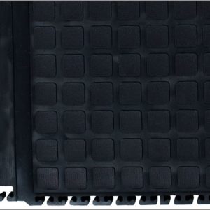 A black and yellow floor mat with a yellow stripe.