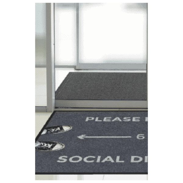 Product8 Floormat.com Floor mat with social distancing reminder of "Please Practice Social Distancing" 3' x 5' <ul> <li>Digitally printed on eco-friendly PET (polyethylene terephthalate) fabric.</li> <li>Designs are digitally printed at 76 dpi, making fine details, shading, and 3D images achievable</li> <li>Eco-Friendly - PET (polyethylene terephthalate) carpet surface contains 50% post-consumer recycled content reclaimed from plastic bottles</li> <li>Fade Resistant - PET yarn has excellent color-fastness and is resistant to fading from repeated washing/cleaning</li> <li>Stain Resistant Floor Mat- PET yarn is naturally resistant to staining</li> </ul>