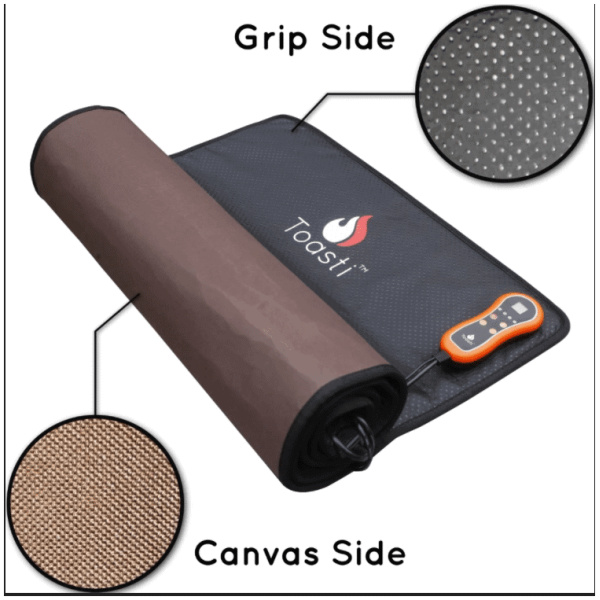 A heated ToastiMat yoga mat with a canvas side.