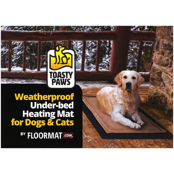 Toasty Paws Postcard Floormat.com Toasty Paws heated mats are designed to provide a low profile heating source for use under your pets bed or room cushion. The Toasty Paws has an optional sticky back that allows you to peel the protective layer off and adhere the mat to the bottom of your pet's bed or room cushion. Excellent under dog beds or cat beds. <ul> <li>Safe for indoor or outdoor use</li> <li>Promotes blood circulation</li> <li>Brings comfort and relief for older pets with joint pain</li> <li>Sticky adhesive back for proper adhesion onto the underside of your pets bed.</li> </ul>