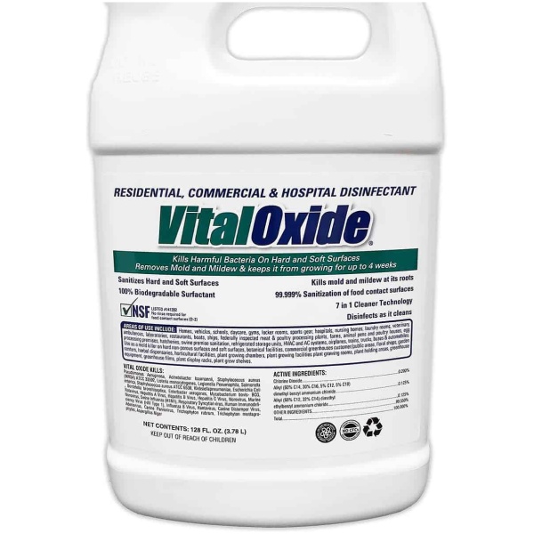 Vital Oxide 1 Gallon Floormat.com <h3>This product has been approved by the EPA to kill the coronavirus that causes COVID-19</h3> Breakthrough Technology Vital Oxide is an ecologically safe alternative to noxious chemicals that is fragrance-free, pH balanced at 8.5 and produces no harmful byproducts. Effective on 20+ viruses and bacteria—it can be used throughout interior environments to clean and disinfect air, surfaces, fabrics and furnishings, and eliminate allergens and tough odors. Eliminates odors, mold and mildew. Perfect in sprayers for use throughout homes, hospitals, schools, assisted living communities, athletic facilities, restaurants, cafeterias, food service facilities, cruise ships, hotels etc. (<b>55 Gallon Drums CALL FOR PRICING.</b>) <ul> <li>Can be sprayed in HVAC and air ducts</li> <li>Effective on over 20 viruses and bacteria</li> <li>Provides a 30 second kill time on Escherichia coli and Staphylococcus aureus</li> <li>Fragrance-free, with no offensive odor or taste</li> <li>Non-irritating to skin; no gloves required</li> <li>Hypo allergenic - Allergen reducing formula</li> <li>Ecologically safe, EPA-registered, NSF-certified—safe for use on food contact surfaces</li> </ul>