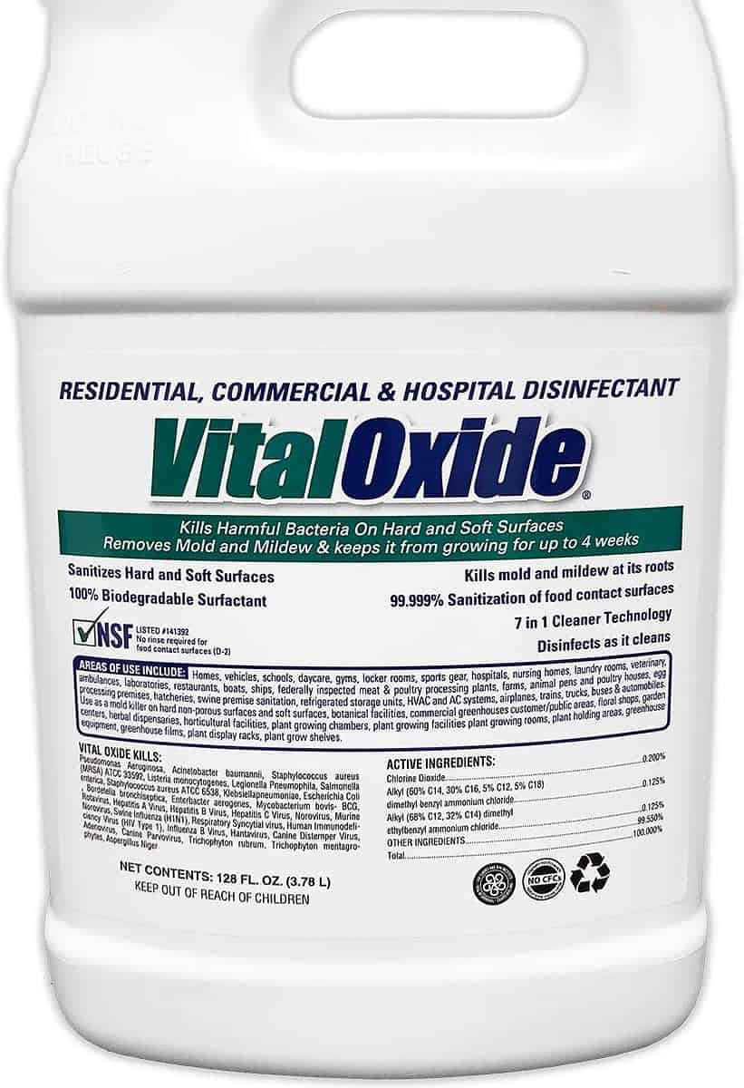 A gallon of Vital Oxide Residential, Commercial, and Hospital Disinfectant on a white background.