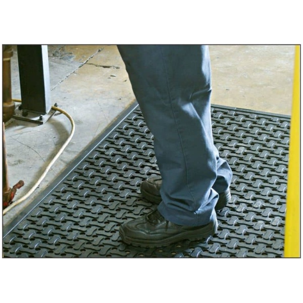 cf industrial Floormat.com Anti-fatigue, slip resistant mats for dry or wet environments indoors or outdoors, with or without grit <strong>Anti-fatigue, slip resistant mats for kitchens and industrial applications</strong> These durable mats come in a standard nitrile rubber version, or with an aggressive, silicon carbide anti-slip top surface. The mats feature: <ul> <li>High Density Closed Cell Nitrile Rubber Cushion has 15% recycled content</li> <li>Grease and oil proof, chemical resistant</li> <li>Static Dissipative and certified slip resistant by National</li> <li>Floor Safety Institute</li> <li>Welding Safe</li> <li>Beveled edges for safe transition from mat to floor</li> <li>Lifetime anti-microbial treatment to prevent odors and degradation of the mat</li> <li>Comfort Flow has drainage holes to allow liquids to flow through. Comfort Scrape has non-draining surface</li> <li>Light weight and flexible for easy handling and cleaning</li> <li>Recommended for kitchens and industrial applications</li> </ul> <img class="wp-image-15053 size-medium aligncenter" src="https://www.floormat.com/wp-content/uploads/comfort-flow-surface-300x231.jpg" width="300" height="231" />