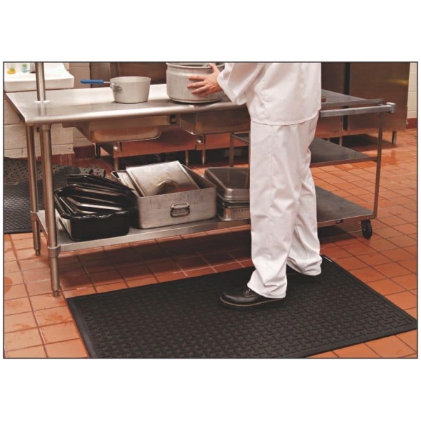 comfort scrape 2 Floormat.com Comfort Scrape has a non-draining surface, yet is light weight and flexible for easy handling and cleaning. This mat is welding safe as well as being static dissipative. It is grease and oil proof and chemical resistant. It is recommended for kitchen and industrial applications. <ul> <li>High density closed cell Nitrile rubber cushion has 15% recycled content</li> <li>Comfort Scrape with Grit, Product (#4300) has an added aggressive silicon carbide anti-slip top surface</li> <li>Beveled edges for safe transition from mat to floor</li> </ul>