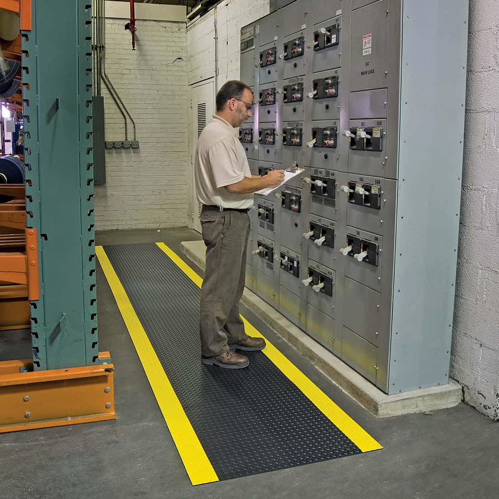 A man standing in front of an electrical panel demonstrating 5 major benefits of using industrial mats.