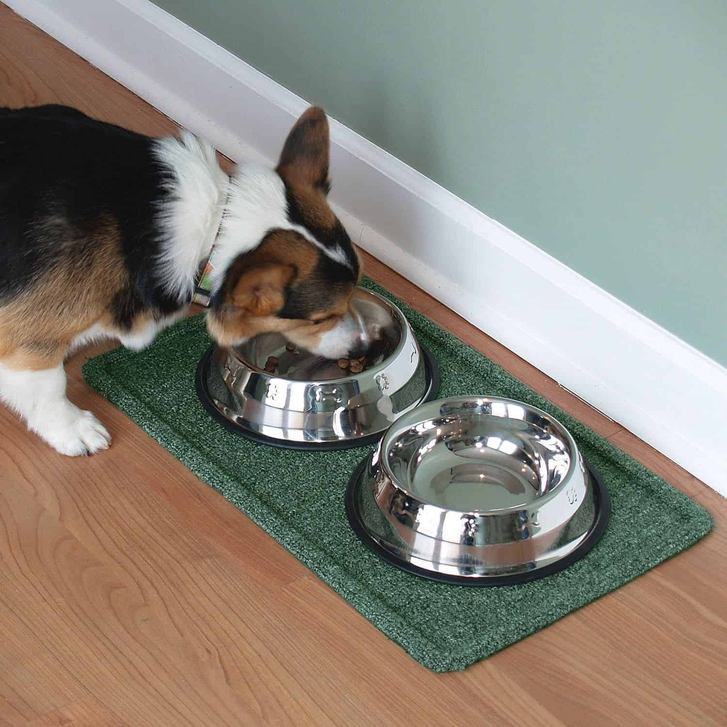 A dog eating from a stainless steel bowl on a green mat.