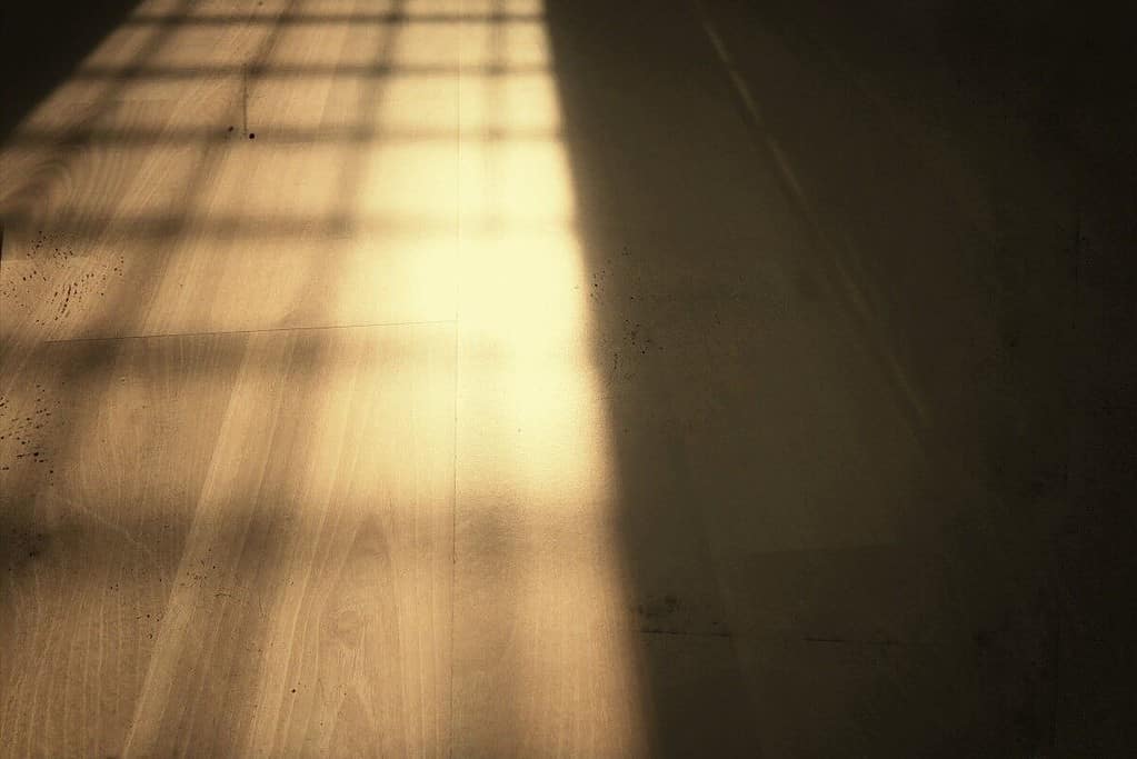 A wooden floor with a light shining through the bars, highlighting the dangers of cheap floor mats.