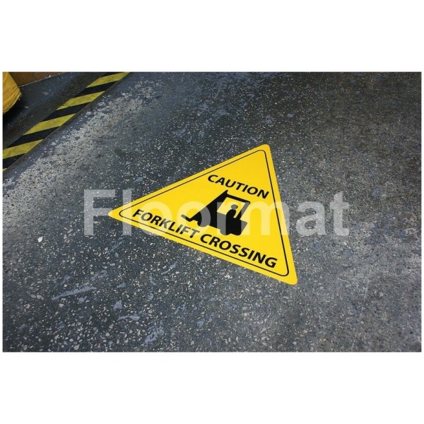 fm08 caution forklift crossing sign Floormat.com Floormat.com warehouse signs are durable, self-adhesive signs constructed from industrial grade plastic. Intended for use in factory warehouses and buildings where restrictions and safety notifications need to be highlighted.
