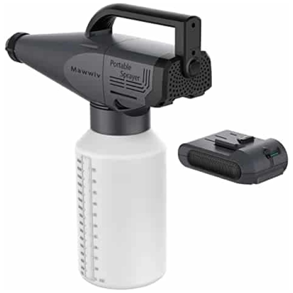 fogger Floormat.com <ul> <li>The fogger gun bottle detaches fast and sprays a mist with a state of the art 100W motor and negative ion generator that is shielded inside.</li> <li>This sprayer distributes product at a rate of 250 cubic meters per minute. Which is the equivelent of 2 standard size rooms.</li> <li>The tank holds up to 55oz of product.</li> </ul>