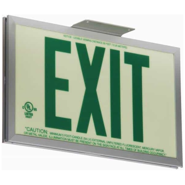 glo brite exit sign aluminium Floormat.com Glo Brite® P50 Exit signs are now available in aluminum to provide a more formal, front office look. Glo Brite® photoluminescent signs are the intrinsically safe, zero energy, environmentally friendly solution for marking your emergency evacuation routes. Engineered with photoluminescent material that absorbs and stores LED, fluorescent, metal halide or mercury vapor light, Glo Brite® signs create clear, brightly glowing egress pathways during emergency blackout or smoky conditions.