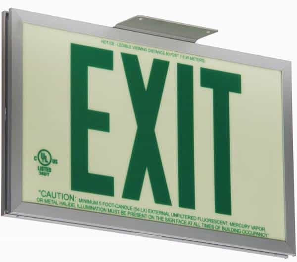 An exit sign mounted on a wall.