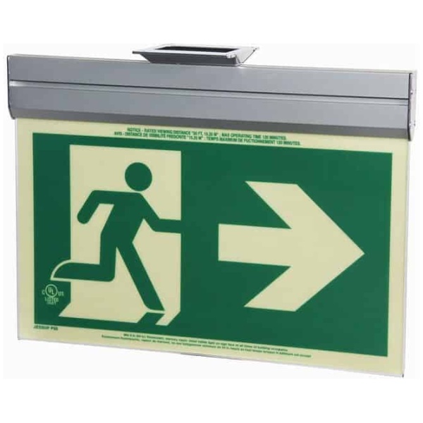 gloBrite P50 ECO Exit Sign 1 Floormat.com Glo Brite® P50 Exit signs are now available in acrylic to provide a more formal, front office look. Glo Brite® photoluminescent signs are the intrinsically safe, zero energy, environmentally friendly solution for marking your emergency evacuation routes. Engineered with photoluminescent material that absorbs and stores LED, fluorescent, metal halide or mercury vapor light, Glo Brite® signs create clear, brightly glowing egress pathways during emergency blackout or smoky conditions.