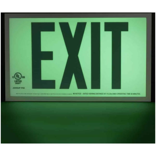 gloBrite P50 ECO Exit Sign 2 Floormat.com Glo Brite® P50 Exit signs are now available in acrylic to provide a more formal, front office look. Glo Brite® photoluminescent signs are the intrinsically safe, zero energy, environmentally friendly solution for marking your emergency evacuation routes. Engineered with photoluminescent material that absorbs and stores LED, fluorescent, metal halide or mercury vapor light, Glo Brite® signs create clear, brightly glowing egress pathways during emergency blackout or smoky conditions.