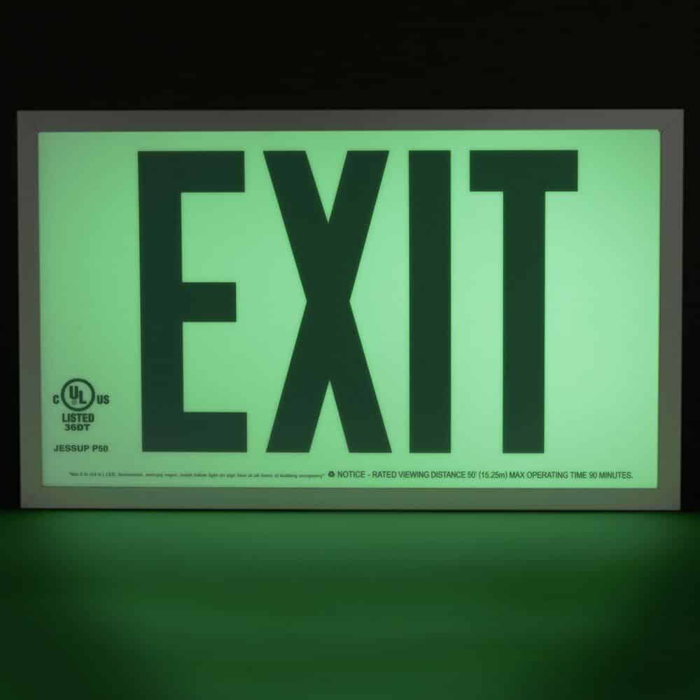 A Glo Brite® P50 ECO Acrylic Exit Sign with the word "exit" on a green background.