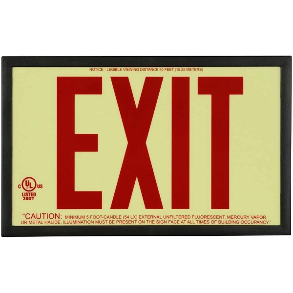 gloBrite P50 ECO Exit Sign 3 Floormat.com Glo Brite® P50 Exit signs are now available in acrylic to provide a more formal, front office look. Glo Brite® photoluminescent signs are the intrinsically safe, zero energy, environmentally friendly solution for marking your emergency evacuation routes. Engineered with photoluminescent material that absorbs and stores LED, fluorescent, metal halide or mercury vapor light, Glo Brite® signs create clear, brightly glowing egress pathways during emergency blackout or smoky conditions.