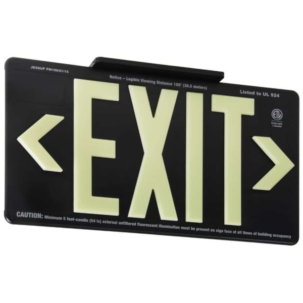 globright p100 exit alum 2 Floormat.com Glo Brite® PF100 Exit Signs utilize next generation photoluminescent technology to absorb and store ambient light for dark places. During an emergency blackout or low visibility conditions, this stored glowing energy is immediately visible, creating a clear, recognizable photoluminescent egress indicator. During an emergency blackout or smoky conditions, this stored energy is immediately visible, reducing the risk of panic or injury during an emergency evacuation while also reducing energy and maintenance costs.  