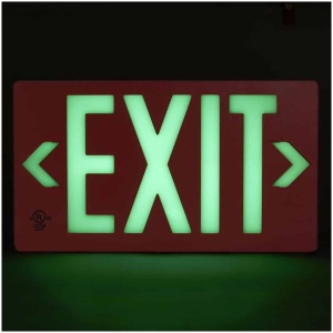 A red and green Glo Brite® P100 Exit Signs, Aluminum Frame.