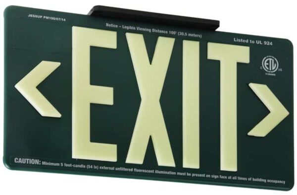 A Glo Brite® P100 exit sign on a white background with an aluminum frame.