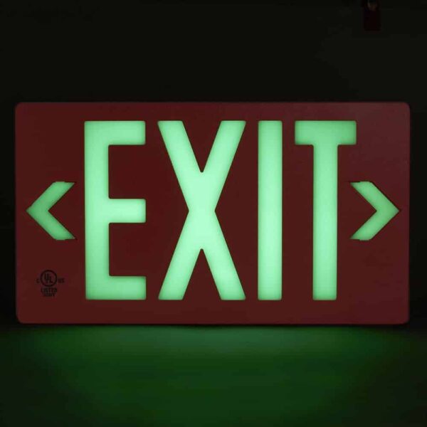 A red and green Glo Brite® P100 Exit Signs, Aluminum Frame.