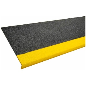 Yellow and black Grit Coated Fiberglass Step Covers on a white surface.