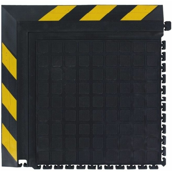hh modular tile ii corner yellow border 1 Floormat.com Formerly known as Hog Heaven II, the Hog Heaven III has an improved locking mechanism for greater reliability and function. Recommended for distribution, manufacturing and retail facilities for picking lines, assembly lines, workstations, check-out stations and more. Nitrile rubber surface is molded to the cushion backing (not glued) so the surface does not delaminate. The mats cushion is a closed cell Nitrile rubber cushion that provides long-lasting comfort. <ul> <li>Rubber surface remains flexible for the life of the product and will not curl or crack</li> <li>Border is available in black and yellow striped</li> <li>Electrically conductive, and welding safe</li> </ul>