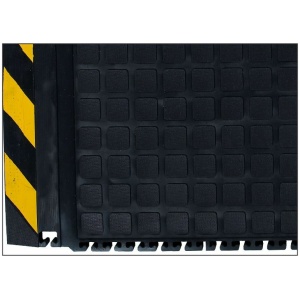 A black and yellow Hog Heaven III Linkable Comfort Floor Mat with a yellow stripe.